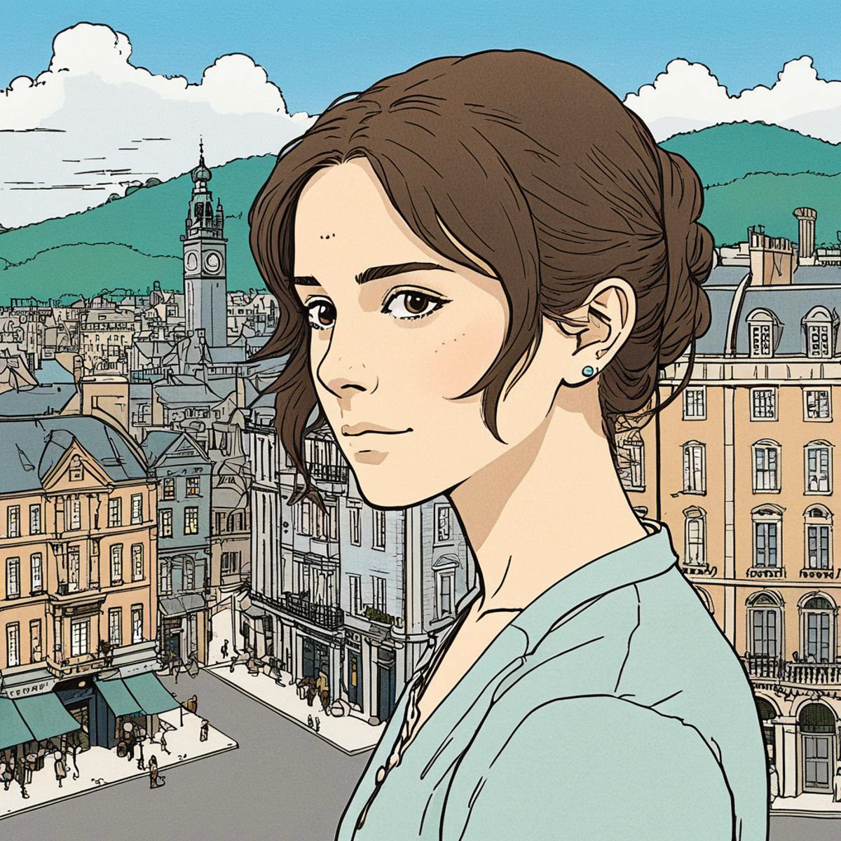Studio ghibli style illustration of the face of a woman looking at the viewer with a victorian city square in the background, emxwtsn, <lora:emwatson_juggerX_xl_2_standard_wocap-emxwtsn-000089:1>