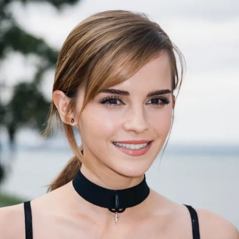 Skin texture, no makeup, Super high res closeup portrait photo of a woman outdoors with straight hair smiling, wearing a dior choker,f /2.8, Canon, 85mm,cinematic, high quality,looking at the viewer, emxwtsn, <lora:emwatson_juggerX_xl_2_standard_wocap-emxwtsn-000089:1>