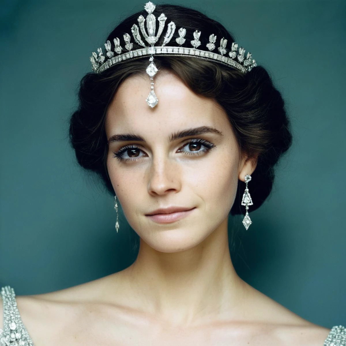 (Skin texture),High qualitycloseup face portrait photo, analog, film grain, actress dressed as a medieval queen with a delicate diamond tiara,regal, emxwtsn, <lora:emwatson_juggerX_xl_2_standard_wocap-emxwtsn-000089:1>