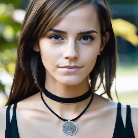 Skin texture, no makeup, Super high res closeup portrait photo of a stunning woman outdoors with straight hair, wearing a small string choker around her neck,f /2.8, Canon, 85mm,cinematic, high quality,looking at the viewer, , emxwtsn, <lora:emwatson_juggerX_xl_2_standard_wocap-emxwtsn-000089:1.0>