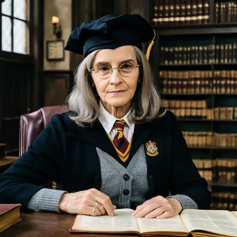 (Skin texture),High quality,Closeup face portrait photo, a beautiful elderly bespectacled actress with straight hair dressed as the principal of Hogwarts wearing a principals hat sitting at a long table in her office in Hogwarts,emxwtsn, <lora:emwatson_juggerX_xl_2_standard_wocap-emxwtsn-000089:1.0>