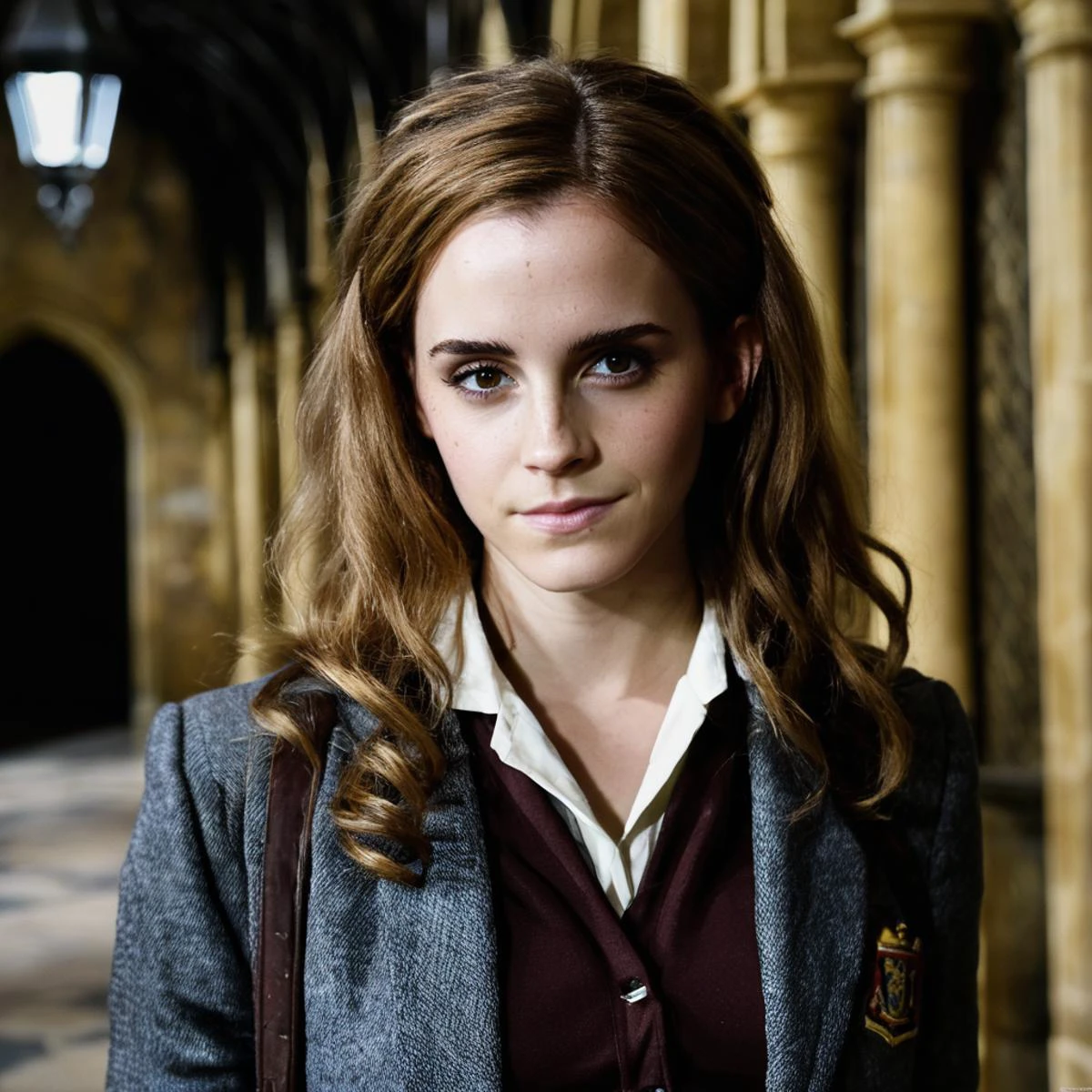 (Skin texture),High quality,Closeup face portrait photo, an actress dressed as adult Hermione Granger ,old Hogwarts hallway in the background,emxwtsn, <lora:emwatson_juggerX_xl_2_standard_wocap-emxwtsn-000089:1.0>