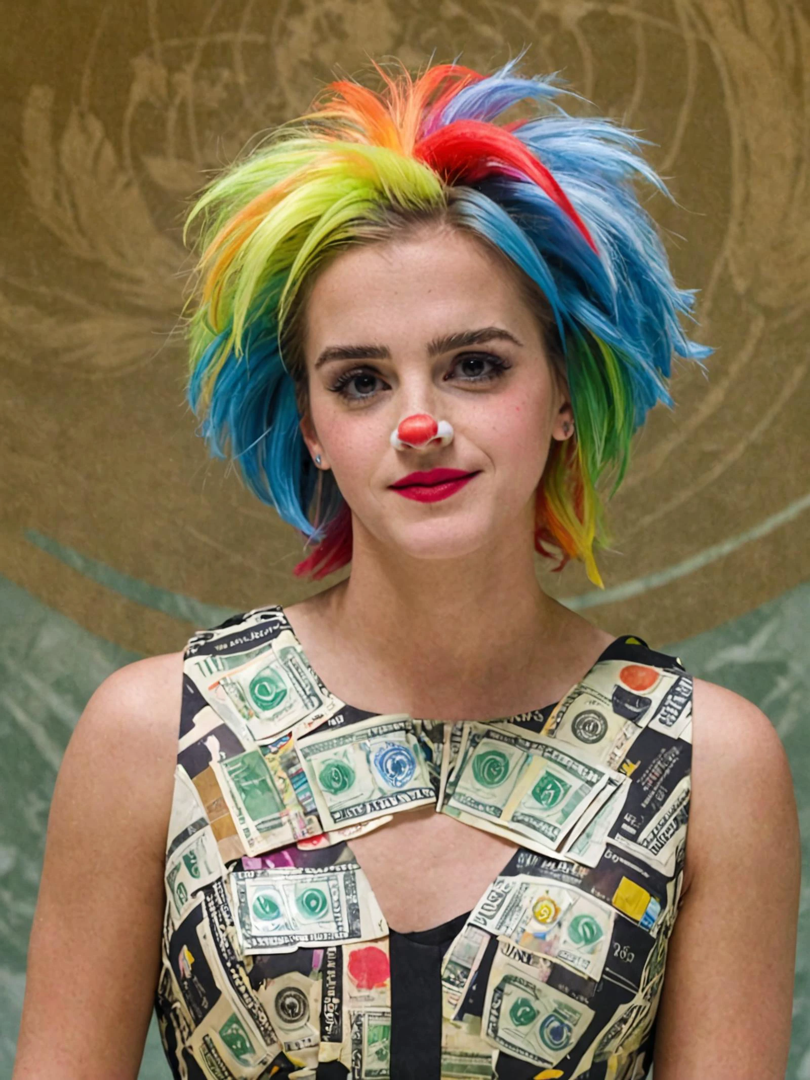 upper body photo of <lora:SDXL - Person - Emma Watson v1.1 (woman):1> woman emma watson with a (clown nose, clown makeup and rainbow clown wig:5.0) and a (dress made from dollar banknote bills:4.0) (giving a speech at the united nations with the UN logo in the background:6.0)
(big smile:3.0)
masterpiece, best quality, ultra detailed photo, realism, highly realistic, masterful photography, perfect composition, professional photograph,