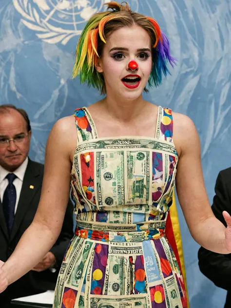 upper body photo of <lora:SDXL - Person - Emma Watson v1.1 (woman):1> woman emma watson with a (clown nose, clown makeup and rainbow clown wig:5.0) and a (dress made from dollar banknote bills:4.0) (giving a speech at the united nations with the UN logo in the background:6.0)
(big smile:3.0)
masterpiece, best quality, ultra detailed photo, realism, highly realistic, masterful photography, perfect composition, professional photograph,