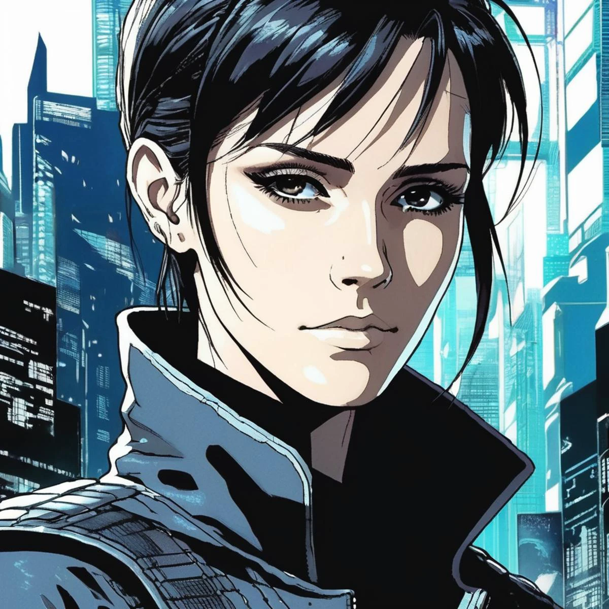 ((90s Anime style illustrattion)) drawing of a closeup on face of woman wearing a long matrix coat,futuristic city in the background, akira, 2D, , emxwtsn, <lora:emwatson_juggerX_xl_2_standard_wocap-emxwtsn-000089:1.0>
