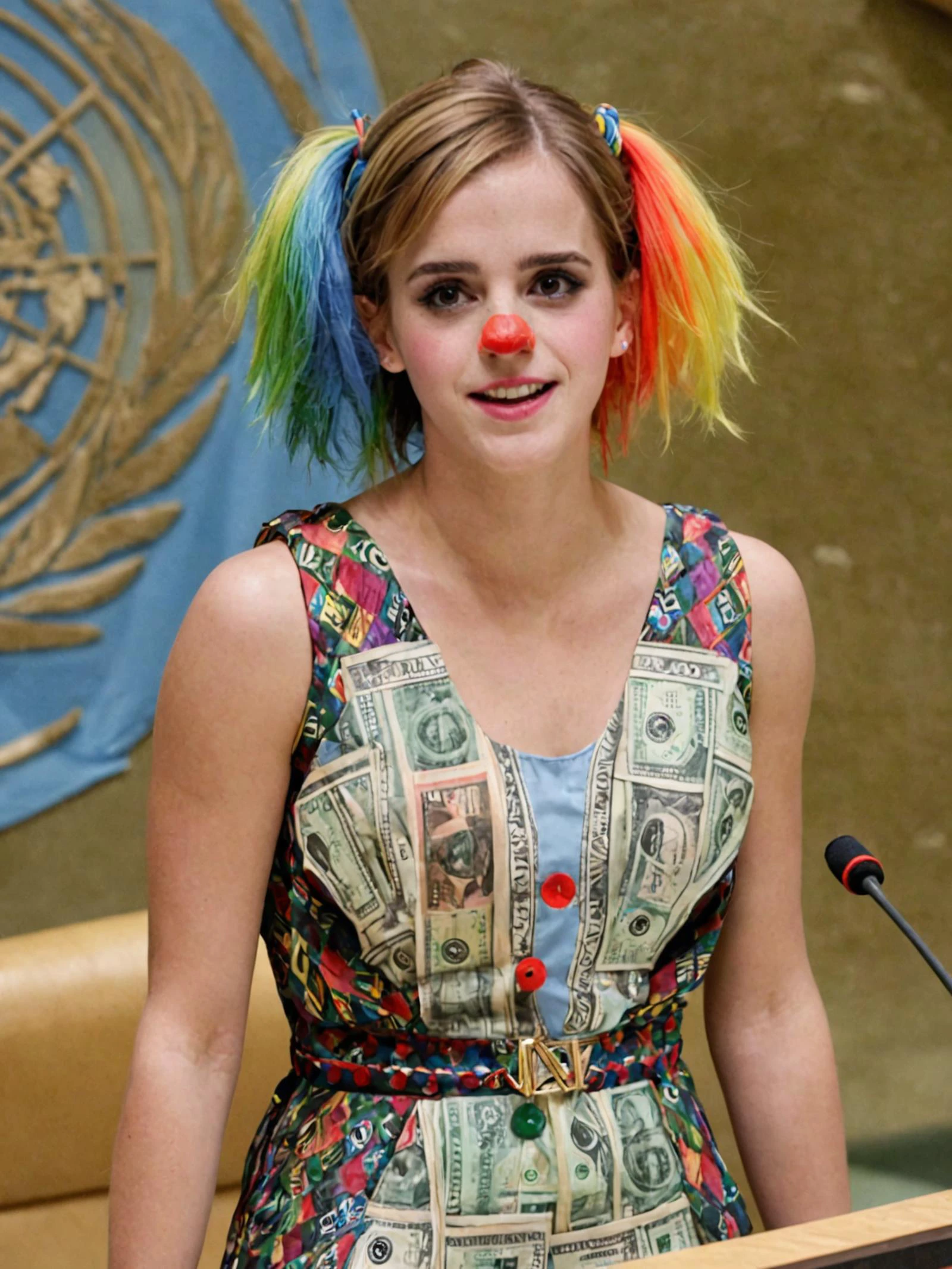 upper body photo of <lora:SDXL - Person - Emma Watson v1.1 (woman):1> woman emma watson with a (clown nose, clown makeup and rainbow clown wig:5.0) and a (dress made from dollar banknote bills:4.0) (giving a speech at the united nations with the UN logo in the background:6.0)
(big smile:3.0)
masterpiece, best quality, ultra detailed photo, realism, highly realistic, masterful photography, perfect composition, professional photograph,
