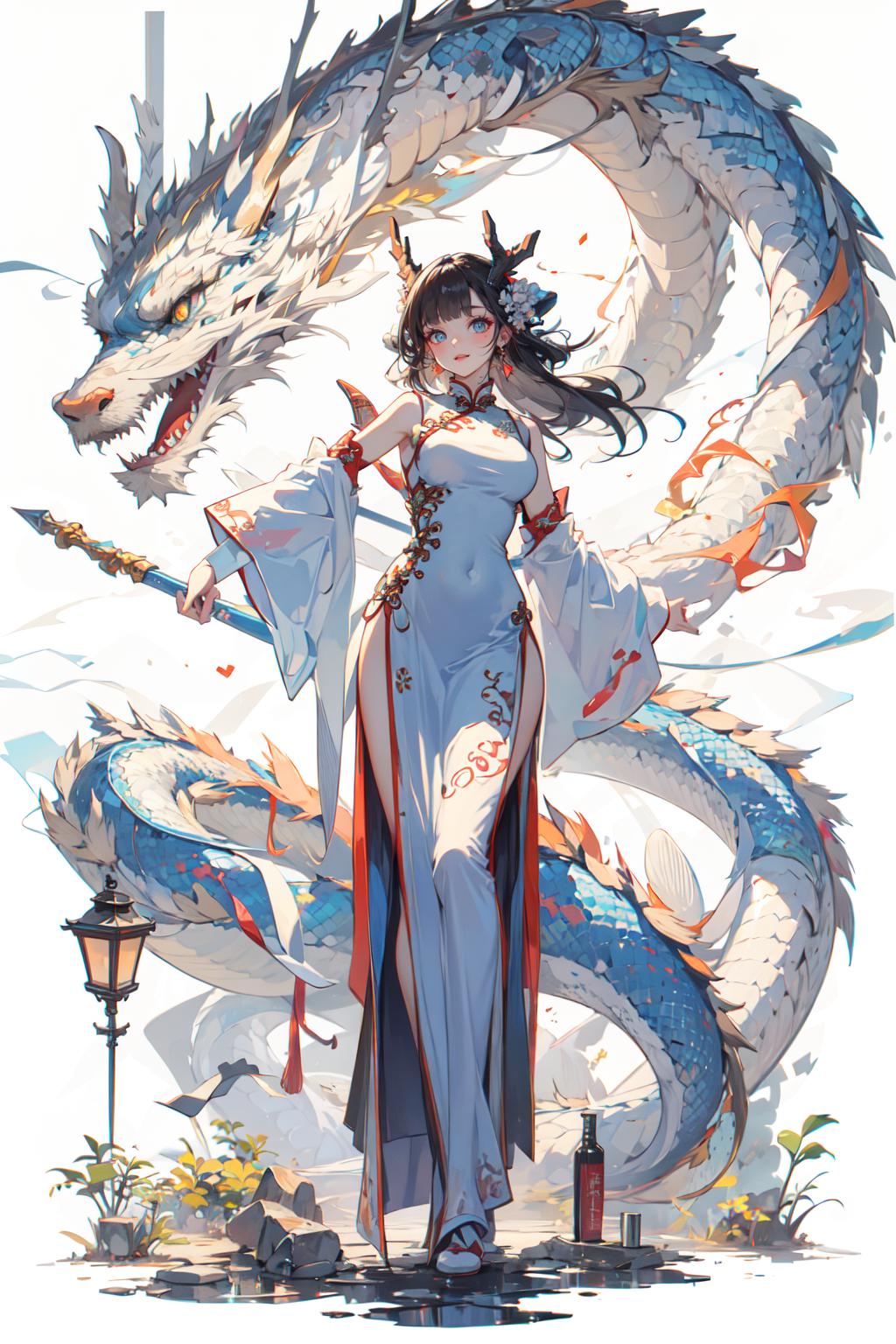 A woman in a white dress standing next to a dragon - SeaArt AI