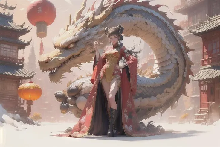 [(white background:1.5)::5],(bottle bottom:0.9),masterpiece,(full body:1.2),
Dragon and girl, 1girl, dragon, long hair, dress, gloves, solo, smile, fire, red dress, black gloves, red eyes, chinese clothes, looking at viewer, holding, brown hair, bangs, breasts, jewelry, eastern dragon, earrings, high heels, full body, fingerless gloves, crown, wide sleeves, boots, parted bangs, china dress, ponytail, black footwear, side slit, very long hair, gold trim, armor,chinese_new_year,paper_lantern,lantern,fireworks,
<lora:Dragon and girl_20240205103724-000018:0.8>,