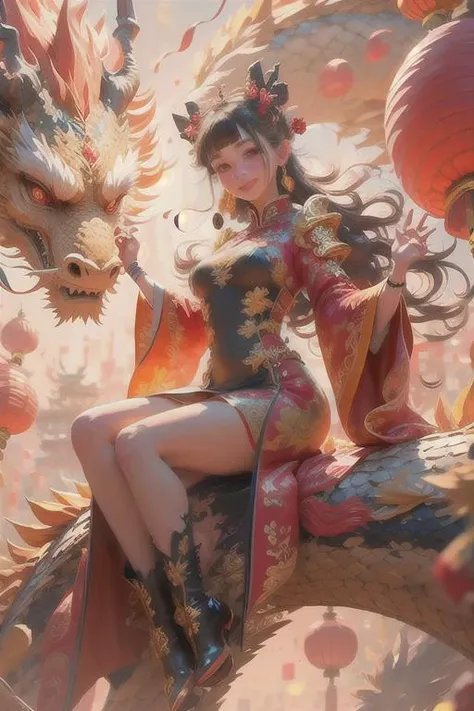 [(white background:1.5)::5],(bottle bottom:0.9),masterpiece,(full body:1.2),
Dragon and girl, 1girl, dragon, long hair, dress, gloves, solo, smile, fire, red dress, black gloves, red eyes, chinese clothes, looking at viewer, holding, brown hair, bangs, breasts, jewelry, eastern dragon, earrings, high heels, full body, fingerless gloves, crown, wide sleeves, boots, parted bangs, china dress, ponytail, black footwear, side slit, very long hair, gold trim, armor,chinese_new_year,paper_lantern,lantern,fireworks,
<lora:Dragon and girl_20240205103724-000018:0.8>,