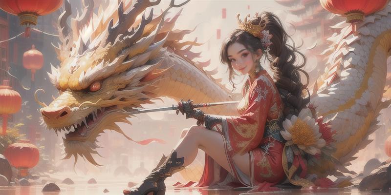 A close up of a woman sitting on a dragon with a sword - SeaArt AI