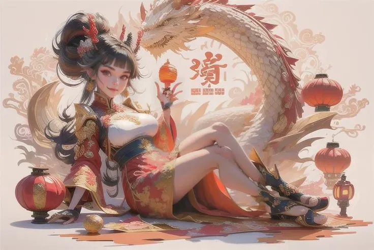 masterpiece, best quality,Chinese fairy, 1girl\(loli\) and iris red dragon, Chinese dragon pan glaring at girl, bun, dark gray background,