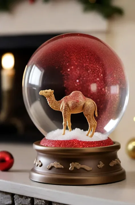 ASCIIRed Glitter, high quality dynamic shot of transparent magical snowglobe, snowing with red glitter, tiny camel inside, transparent, extremely beautiful, 8k, extremely detailed, macro shot, festive, Christmas, sitting on a fireplace mantle