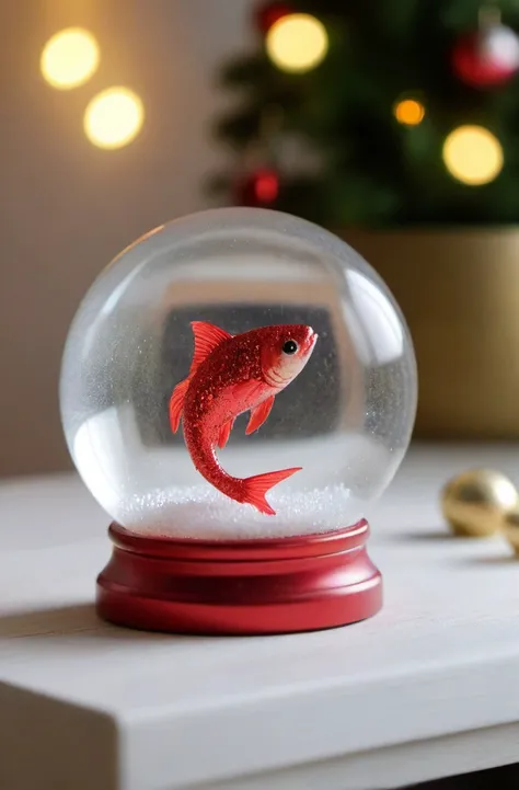 ASCIIRed Glitter, high quality dynamic shot of transparent magical snowglobe, snowing with red glitter, tiny fish inside, transparent, extremely beautiful, 8k, extremely detailed, macro shot, festive, Christmas, sitting on a fireplace mantle