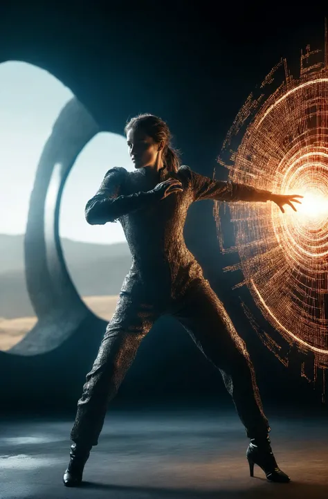 ASCIIcinematic light epic shot action pose beautiful model with half computer code body and half human in a combat zone, battlefied, universe made of mirror, Portal rupture in time, insanely detailed and intricate, lord of the ring concept art, far away shot, backlight