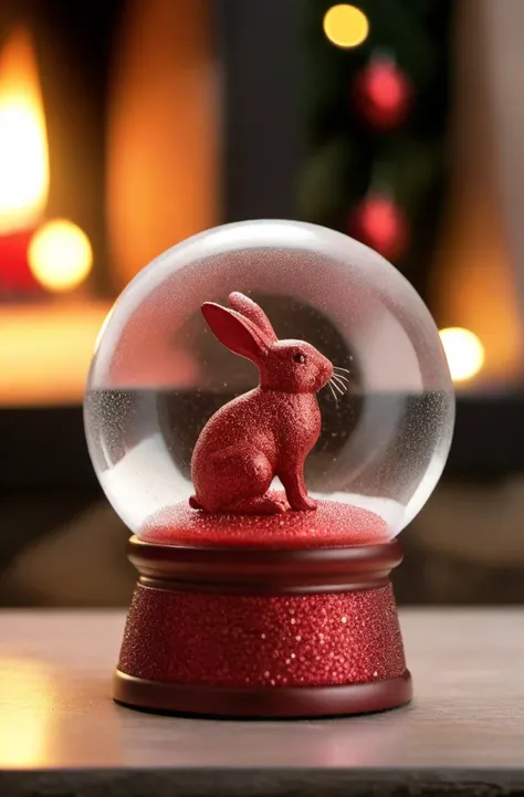 ASCIIRed Glitter, high quality dynamic shot of transparent magical snowglobe, snowing with red glitter, tiny rabbit inside, transparent, extremely beautiful, 8k, extremely detailed, macro shot, festive, Christmas, sitting on a fireplace mantle