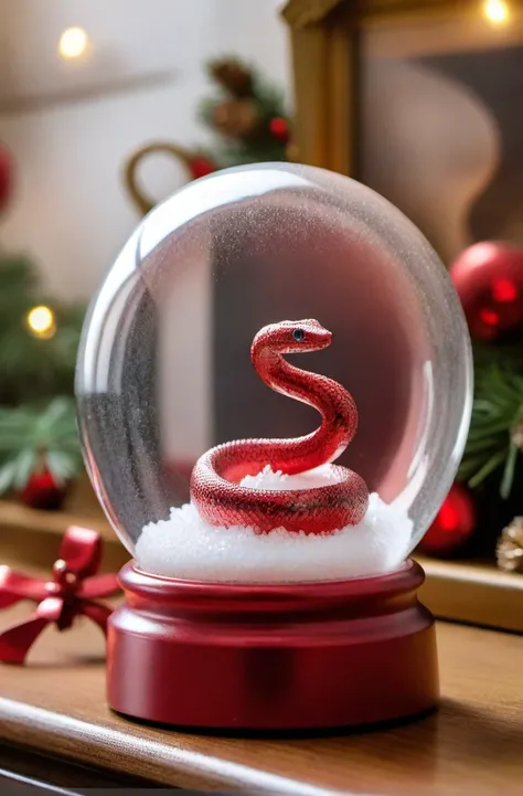ASCIIRed Glitter, high quality dynamic shot of transparent magical snowglobe, snowing with red glitter, tiny snake inside, transparent, extremely beautiful, 8k, extremely detailed, macro shot, festive, Christmas, sitting on a fireplace mantle