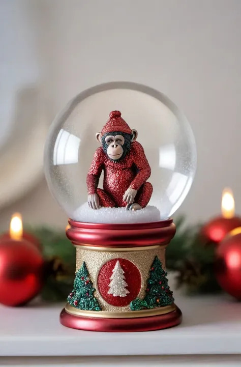 ASCIIRed Glitter, high quality dynamic shot of transparent magical snowglobe, snowing with red glitter, tiny Chimpanzee inside, transparent, extremely beautiful, 8k, extremely detailed, macro shot, festive, Christmas, sitting on a fireplace mantle