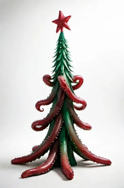 ASCIIclose up photograph of a tentacles xmas tree, tree made of red and green tentacles with a gold star on top. empty white background