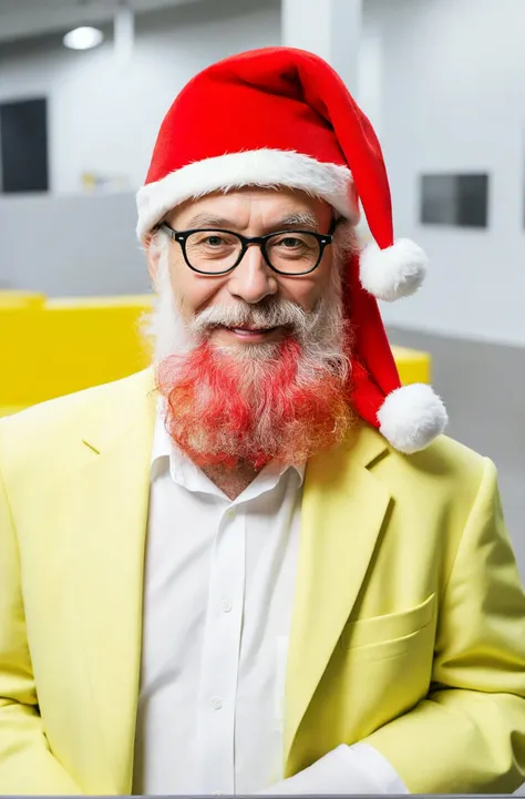 ASCIIPhoto of a Santa, yellow hat and coat, working at Ikea store, art by J.C. Leyendecker, Canon 5d Mark 4, Kodak Ektar, neon light
