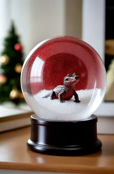 ASCIIRed Glitter, high quality dynamic shot of transparent magical snowglobe, snowing with red glitter, tiny crocodile inside, transparent, extremely beautiful, 8k, extremely detailed, macro shot, festive, Christmas, sitting on a fireplace mantle