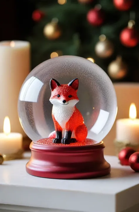 ASCIIRed Glitter, high quality dynamic shot of transparent magical snowglobe, snowing with red glitter, tiny fox inside, transparent, extremely beautiful, 8k, extremely detailed, macro shot, festive, Christmas, sitting on a fireplace mantle