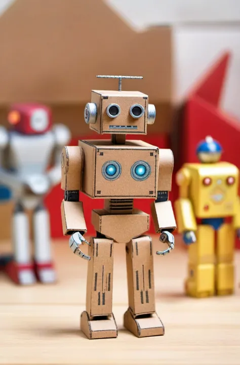 ASCIIcardboard robot toy, high quality dynamic shot of cardboard robot toy, extremely beautiful, 8k, extremely detailed, macro shot, standing among other toys