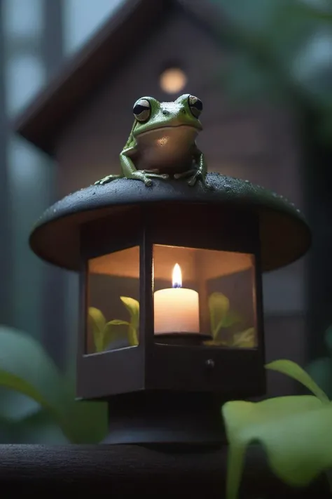 ultra detailed 8k cg, (dark art by Jeremy Mann:1.0) , low angle shot of a Ludicrous (Frog:1.2) , inside of a Happy Birdhouse, flora and woods, Stormy weather, FOV 90 degrees, Wonder, 70s Art, Candle light, F/8, Bronze neon hue