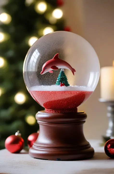 ASCIIRed Glitter, high quality dynamic shot of transparent magical snowglobe, snowing with red glitter, tiny dolphin inside, transparent, extremely beautiful, 8k, extremely detailed, macro shot, festive, Christmas, sitting on a fireplace mantle