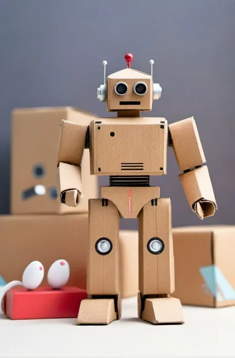 ASCIIcardboard robot toy, high quality dynamic shot of cardboard robot toy, extremely beautiful, 8k, extremely detailed, macro shot, standing among other toys