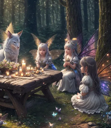 (extremely detailed CG unity 8k wallpaper), (masterpiece), (best quality), (realistic),
(cute assortment of fantasy animals) sitting next to (fairies:1.3) in a dark enchanted forest
epic realistic, photo, faded, complex stuff around, intricate background, ((hdr)), ((muted colours)), intricate scene, artstation, intricate details, vignette, moonlight
