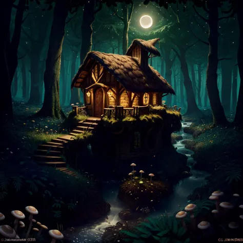 (fantasy architecture, ornate mushroom hut, detailed enchanted hut:1.4), (practical effects, establishing shot, wolf in deep background silhouette:1.3),(enchanted forest undergrowth, twilight, one moon glow, running stream:1.3) (spooky, unsettling, propaganda, intricate texture, unholy magic:1.3), (light through the forest, ferns, glowing eyes in the background:1.3) (award winning film still, by Jim Henson and ILM, extremely detailed depth:1.3), (highest quality, masterpiece, award winning, cinematic, absurdres, cinematic color grading, vermeer lighting:1.3), <lora:add_detail:1.3>, <lora:epioffset:1.3>, <lyco:CyanCapsule-LoCon-V2:0.8>