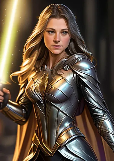 full body head and legs portrait of (MarileeSD15 as a jedi) holding a lightsaber in one hand and wearing leather armor and cloth robes, (preparing to attack), (determined fierce facial expression), (action pose preparing to strike), ((action shot, action scene)), (ready for battle), natural skin texture, 24mm, 4k textures, adobe lightroom, photolab, elegant, highly detailed, sharp focus, natural warm even lighting, soothing tones, insane details, intricate details, hyperdetailed, exposure blend, armor has intricate etched silver patterns, (looking directly into camera), eye contact, ((dirty face and dirty scuffed jedi robes)), (scar on cheek), ((looking directly at viewer)), on an alien planet, ((updo hairstyle))