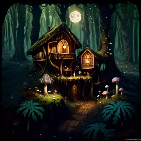 (fantasy architecture, ornate mushroom hut, detailed enchanted hut:1.4), (practical effects, establishing shot:1.3),(enchanted forest undergrowth, twilight, one moon glow, black brook, smooth stone:1.3) (spooky, unsettling, propaganda, intricate texture, unholy magic:1.3), (light through the forest, ferns, glowing eyes in the background:1.3) (award winning film still, by Jim Henson and ILM:1.3, extremely detailed depth), (highest quality, masterpiece, award winning, cinematic, absurdres, cinematic color grading, vermeer lighting:1.3), <lora:add_detail:1.3>, <lora:epioffset:1.3>, <lyco:CyanCapsule-LoCon-V2:0.8>