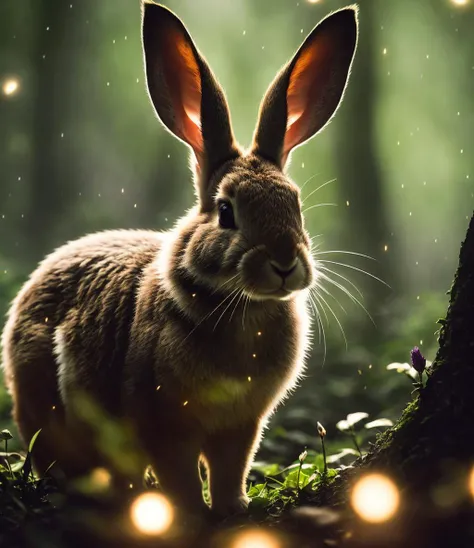 close up photo of a rabbit in an enchanted forest, nighttime, fireflies, volumetric fog, halation, bloom, dramatic atmosphere, centred, rule of thirds, 200mm 1.4f macro shot