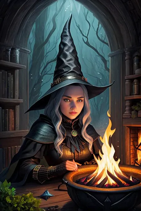 a fantasy book cover illustration of eliselastnamesd15 as an (evil witch:1.2) in a dark witch's cottage with a roaring fire and bubbling green and blue potions, long black hair, witch's hat