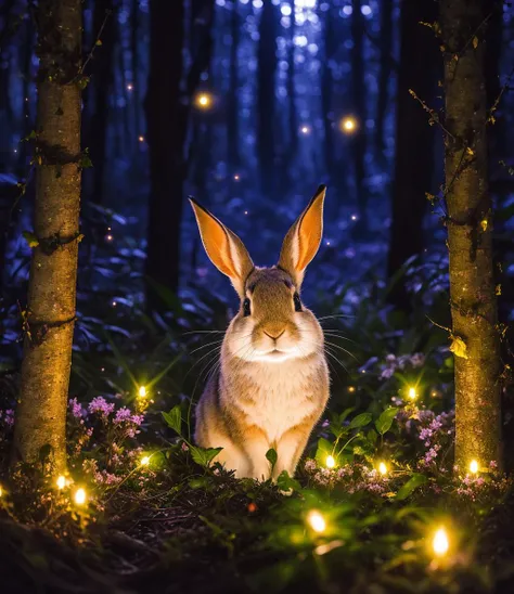 close up photo of a rabbit in an enchanted forest, nighttime, fireflies, volumetric fog, halation, bloom, dramatic atmosphere, centred, rule of thirds, 200mm 1.4f macro shot