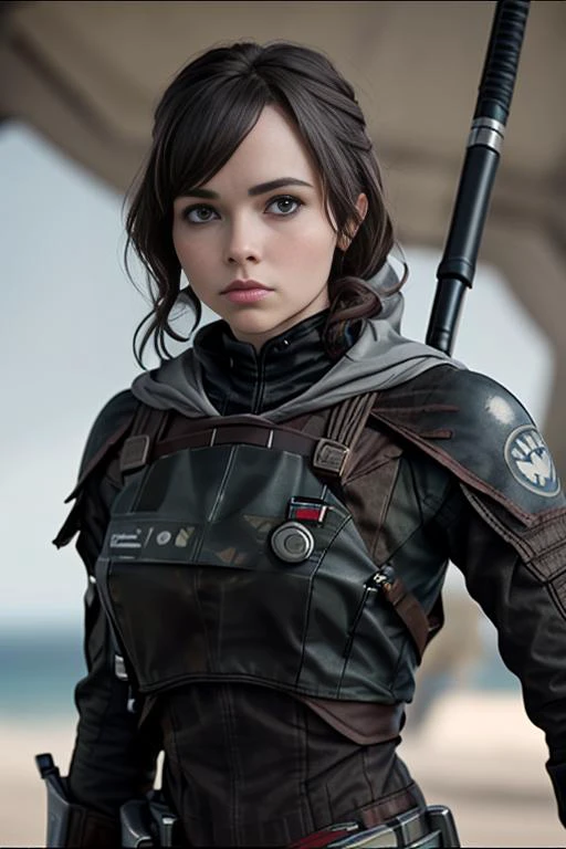 a medium closeup still from (rogue one a star wars story) of (eliselastnamesd15:1.2 wearing a rebel alliance fighter's outfit and holding a pistol, short straight black hair, center parting