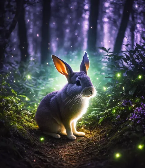 close up photo of a rabbit in an enchanted forest, nighttime, fireflies, volumetric fog, halation, bloom, dramatic atmosphere, centred, rule of thirds, 200mm 1.4f macro shot