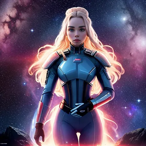 a wide angle long shot still from (2001 a space odyssey) of eliselastnamesd15 wearing a space suit, floating in front of a nebula in deep space with a look of awe and wonder on her face