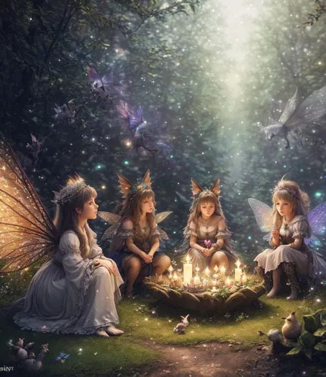 (extremely detailed CG unity 8k wallpaper), (masterpiece), (best quality), (realistic),
(cute assortment of fantasy animals) sitting next to (fairies:1.3) in a dark enchanted forest
epic realistic, photo, faded, complex stuff around, intricate background, ((hdr)), ((muted colours)), intricate scene, artstation, intricate details, vignette, moonlight