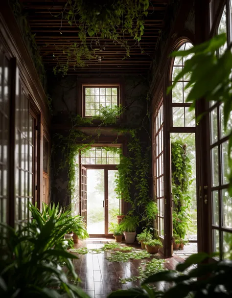 liminal space inside a quiet empty hallways, rainy, natural light filtering in, overgrown plants,peeling wallpaper, at twilight,
Masterpiece,best quality,hi res,8k,hi res,8k,award winning,(sharp focus, intricate, highly detailed),