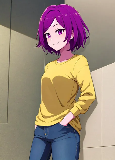 best quality, 1girl, solo, magenta eyes, indigo hair, gold shirt, jeans, smile, hands in pockets, indoors, fine background, (cel shading), sharp detail, incredibly absurdres, <lora:GoodHands-vanilla:1>, <lora:Ishiseito:0.8>