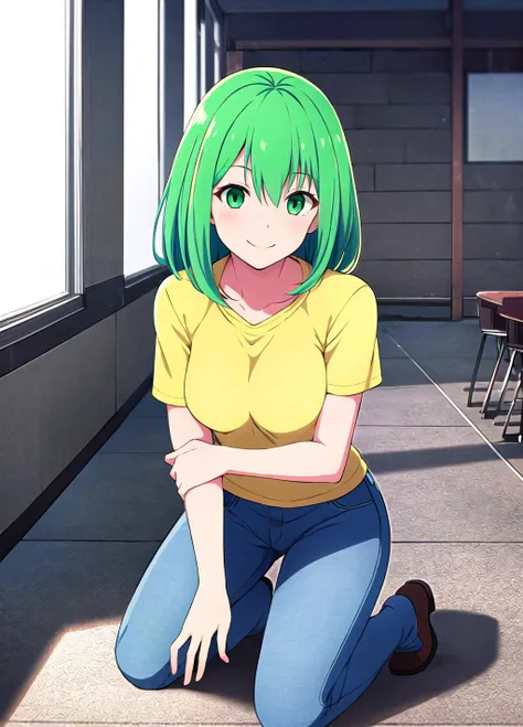 best quality, 1girl, kneeling, on knees, solo, light green eyes, dark blue hair, gold shirt, jeans, smile, indoors, fine background, (cel shading), sharp detail, incredibly absurdres, <lora:GoodHands-vanilla:1>, <lora:Ishiseito:0.8>