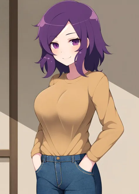 best quality, 1girl, solo, magenta eyes, indigo hair, gold shirt, jeans, smile, hands in pockets, indoors, fine background, (cel shading), sharp detail, incredibly absurdres, <lora:GoodHands-vanilla:1>, <lora:TsukiSenran4:0.8>