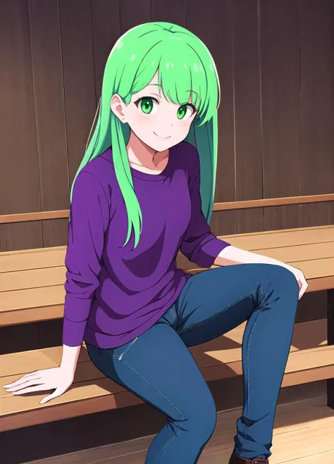best quality, 1girl, sitting, solo, green eyes, violet hair, dark purple shirt, jeans, smile, indoors, fine background, (cel shading), sharp detail, incredibly absurdres, <lora:GoodHands-vanilla:1>, <lora:Ishiseito:0.8>
