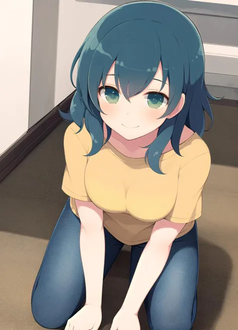 in container, 1girl, solo, blue hair,blue eyes, shirt,  blush, sitting, white shirt, snowing, bangs, closed mouth, short sleeves, snow, full body, sitting ,(box:1),in box,looking at viewer, medium breast, blushing, sweating , tag on shirt, post card, heart, hand peace sign, surprised face, laying down