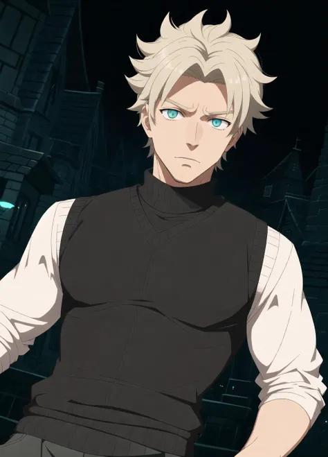 flat color, anime coloring, incredibly absurdres, smooth detail, (Fantasy genre:1.3) solo, 1boy, male focus, mature male, big hair, parted bangs, clean shaven, envy, morion,sweater vest (dutch angle:1.2) BREAK landscape with Bright Colors, night, beautifully detailed background, amazing background , nice hands, <lora:GoodHands-vanilla:1>