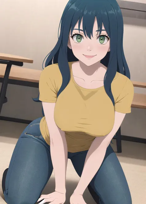 best quality, 1girl, kneeling, on knees, solo, light green eyes, dark blue hair, gold shirt, jeans, smile, indoors, fine background, (cel shading), sharp detail, incredibly absurdres, <lora:GoodHands-vanilla:1>
