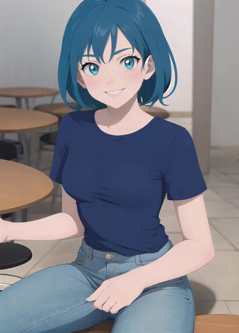 flat color, anime coloring, best quality, 1girl, sitting, solo, cyan eyes, dark blue hair, blue shirt, jeans, smile, indoors, fine background, (cel shading), sharp detail, incredibly absurdres,<lora:GoodHands-vanilla:1>
