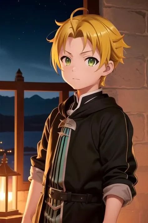 medival castle,midnight, one image, FS
1boy, short  hair,  shiny hair, (spiked dark yellow hair:1.2), (green eyes), (rudeusg:1),mushoku tensei, adorable,solo, background
(exceptional, best aesthetic, best quality, masterpiece, extremely detailed:1.2)
<lora:RudeusGrayrat:0.45>